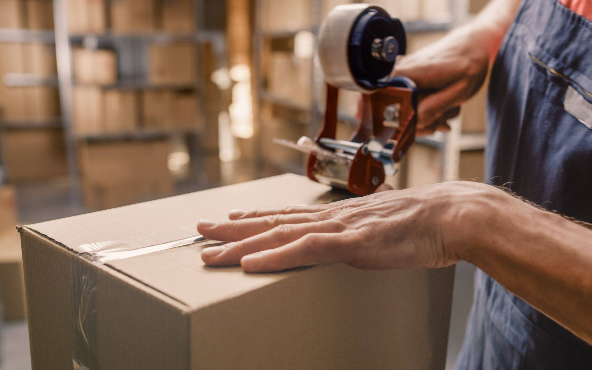 Warehouse Worker Checks And Sealing Cardboard